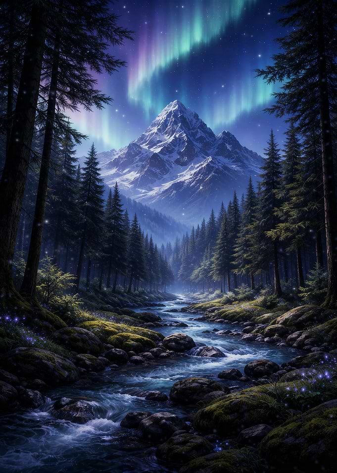 Aurora Borealis over Snowy Mountains and Forest