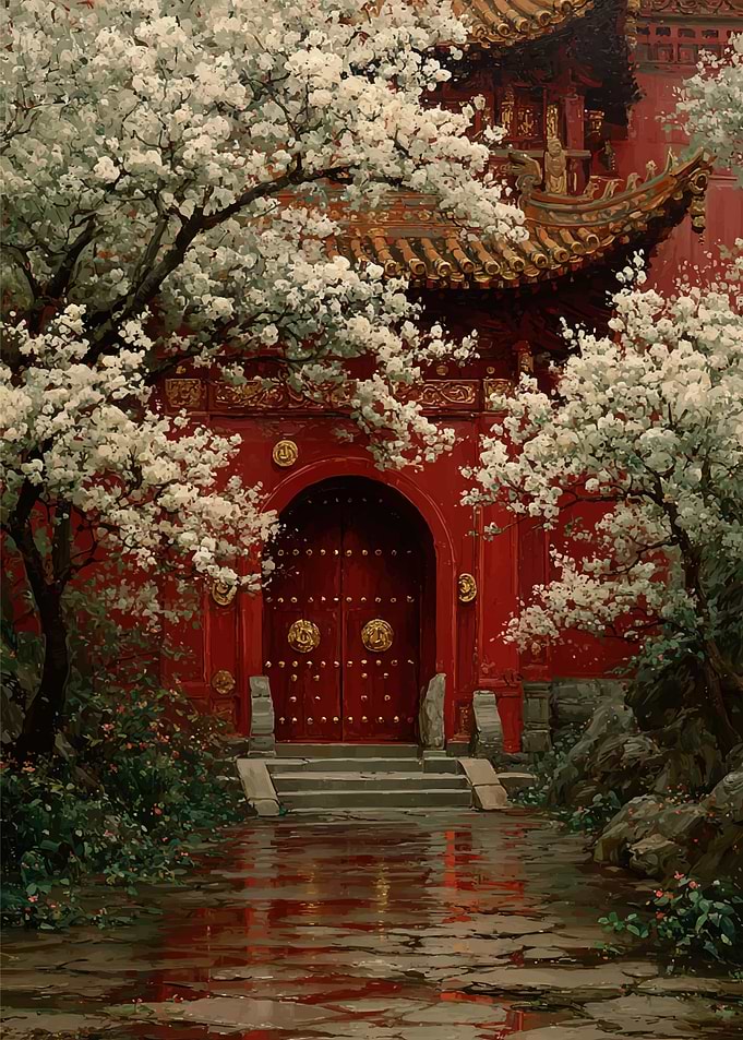 Blooming Cherry Blossoms at a Red Temple Gate