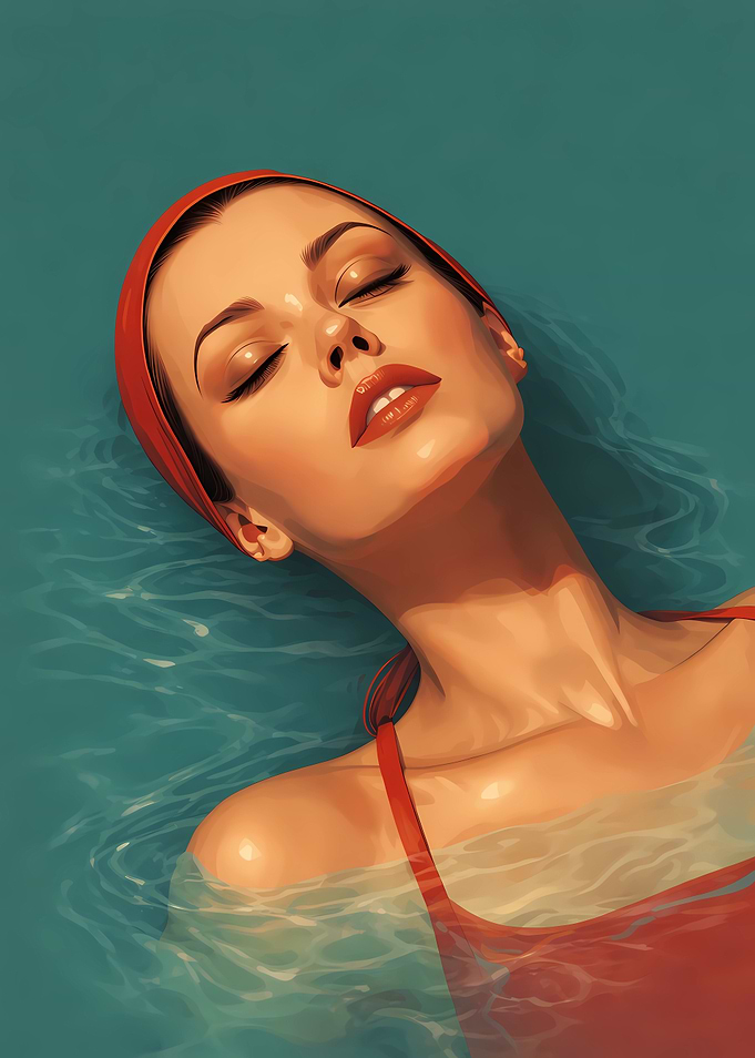 Woman in Red Swim Cap Floating