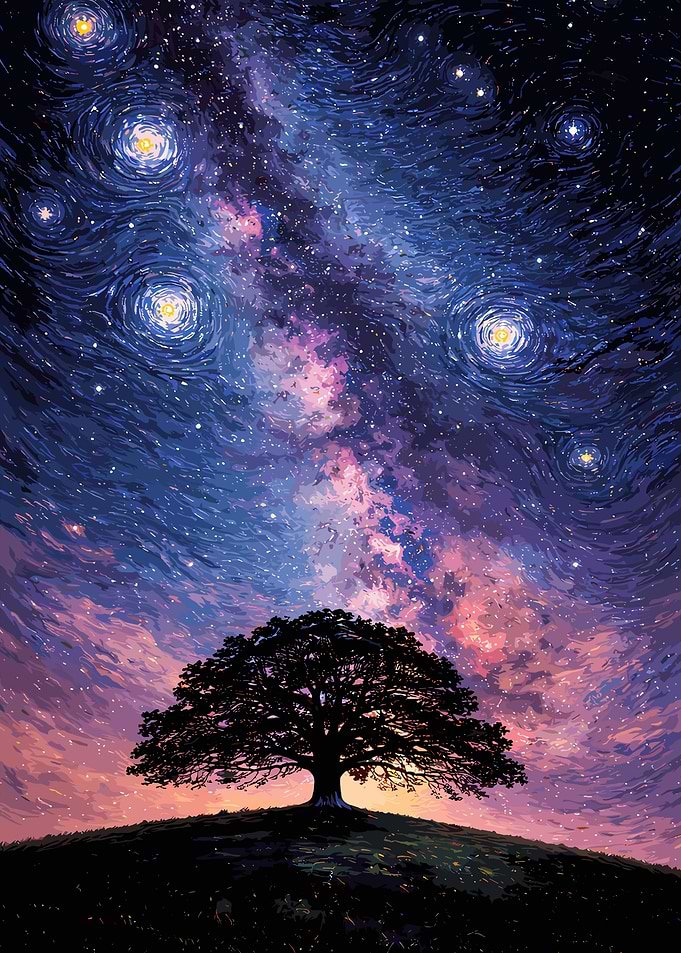 Lone Tree Under Starry Night Sky