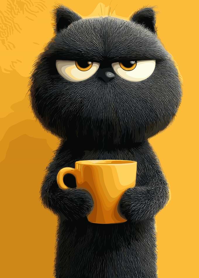 Grumpy Black Cat with Coffee Mug