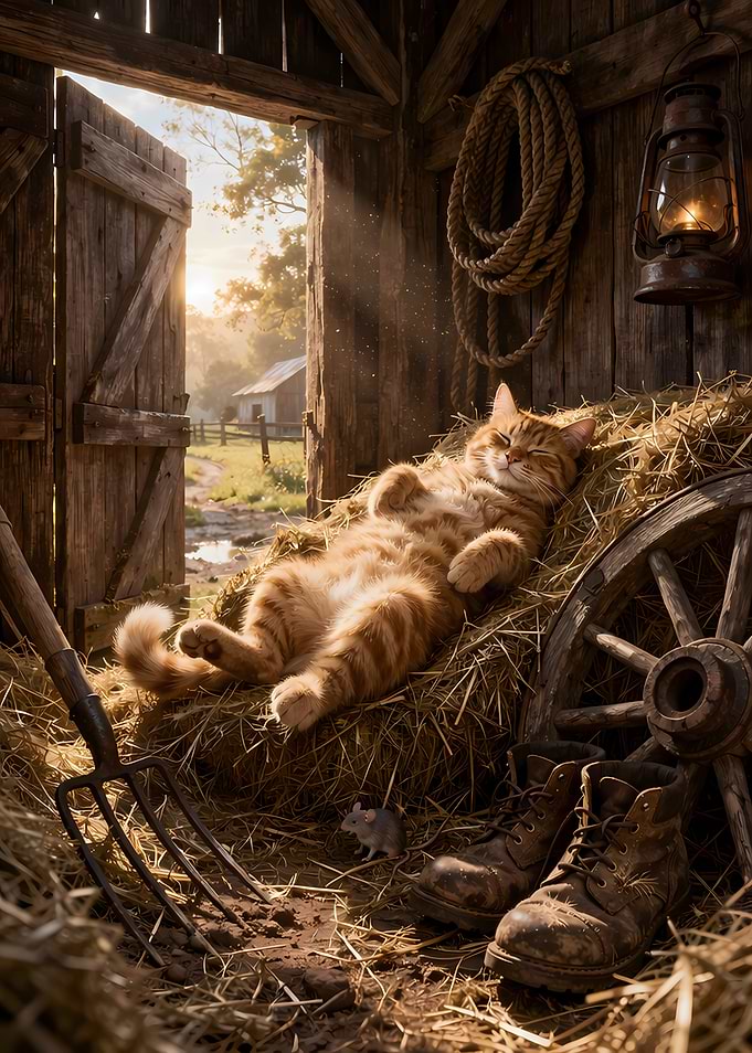 Cat sleeping in a barn