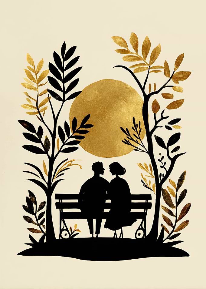 Couple on a bench under a golden sun
