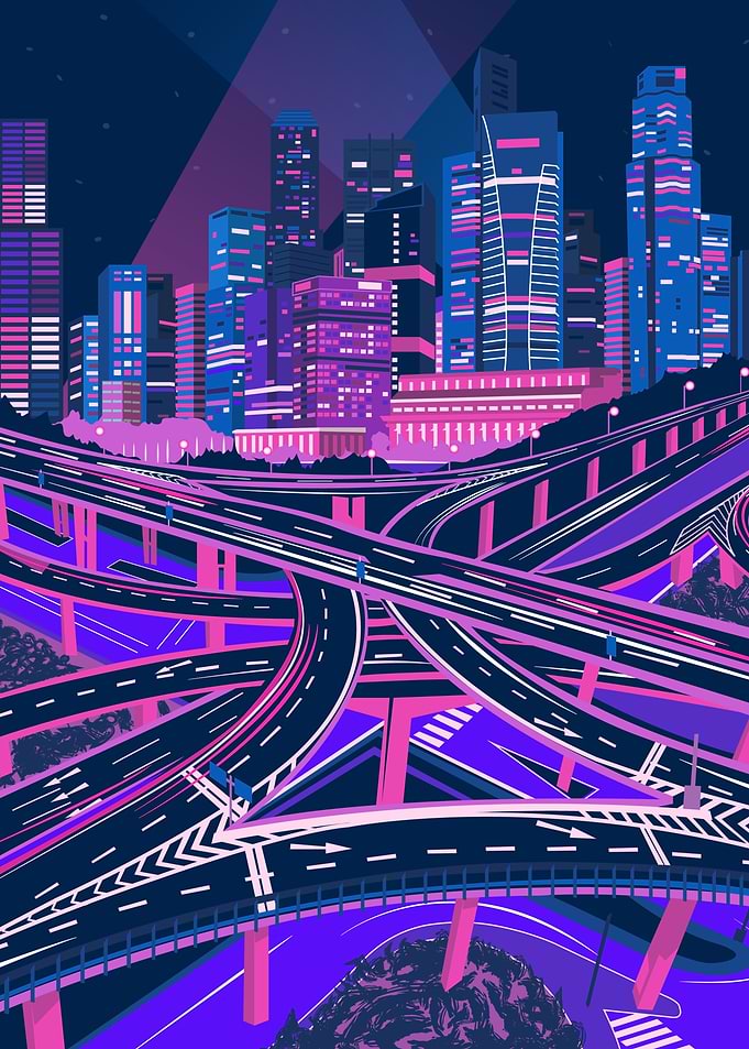 Neon Cityscape with Highway Interchange