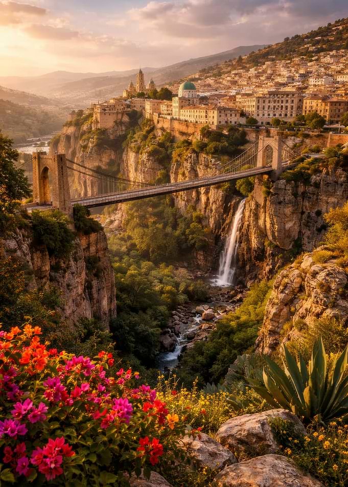 Algeria Constantine Cityscape with Bridge and Waterfall
