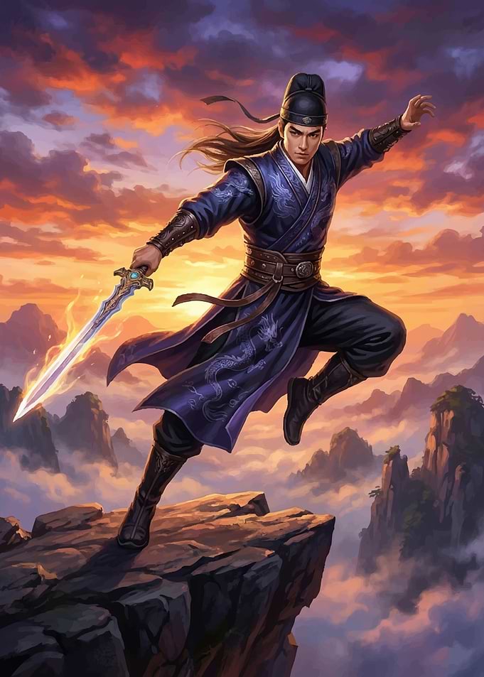 Warrior with glowing sword at sunset