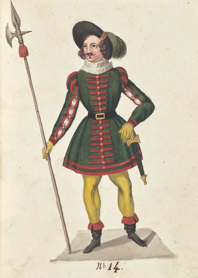 Man in historical military costume with halberd