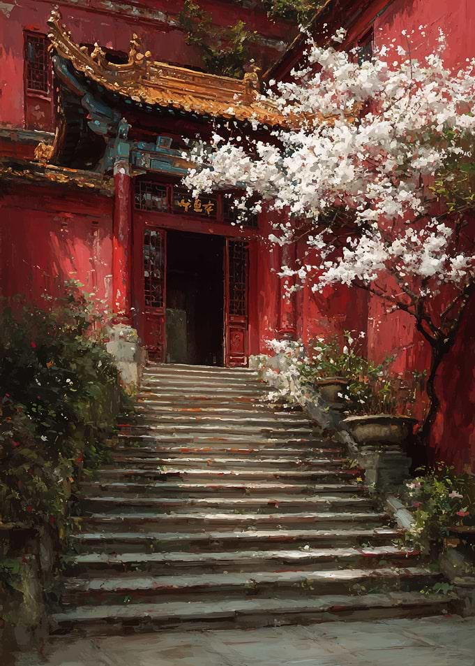 Temple Entrance with Cherry Blossoms