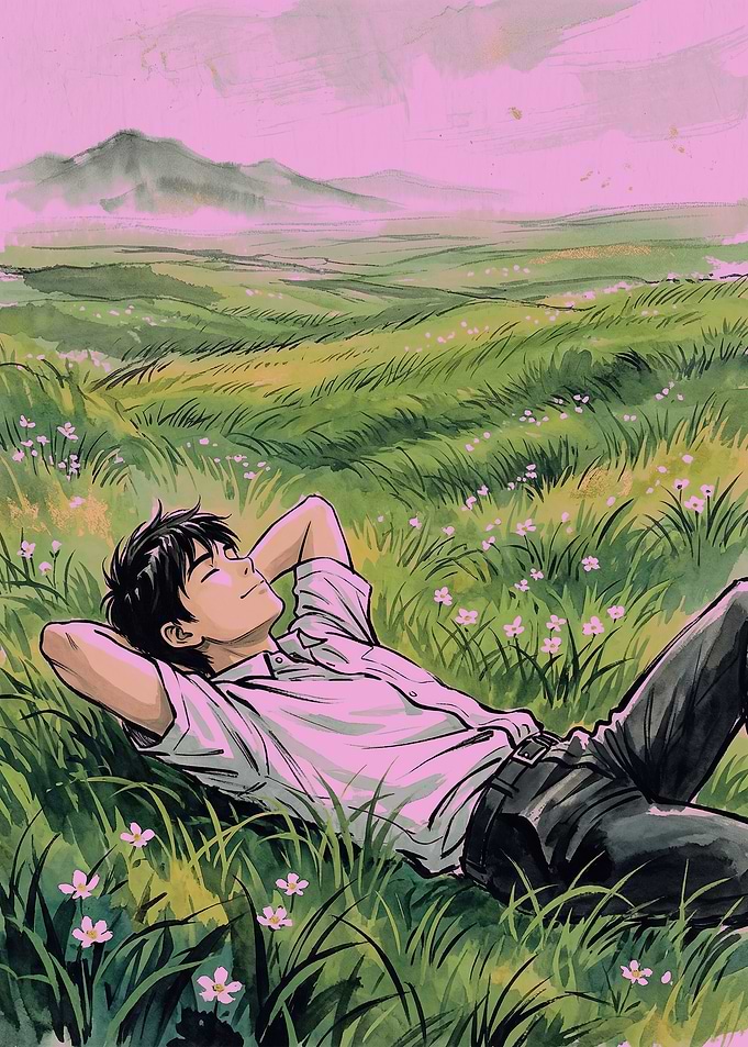 Man relaxing in a grassy field