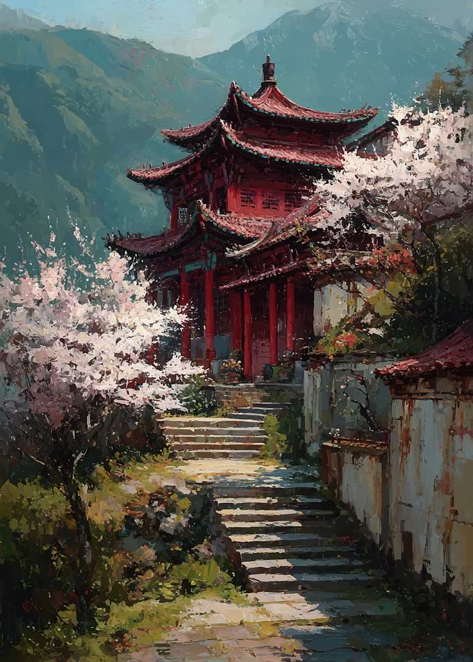 Traditional Asian Temple Amidst Cherry Blossoms