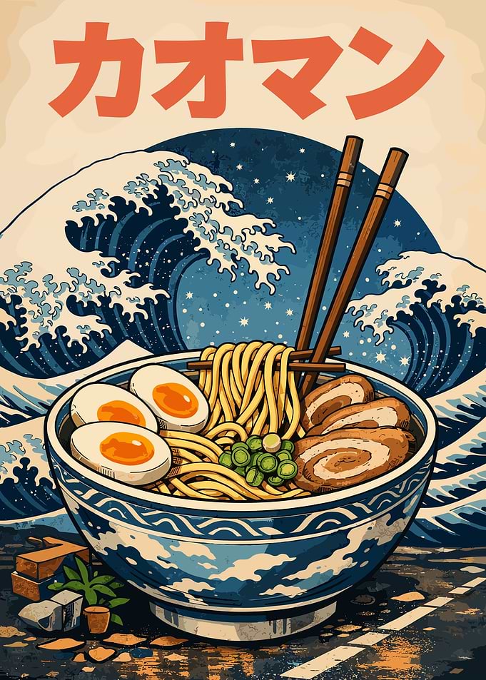 Ramen Bowl with Great Wave Background