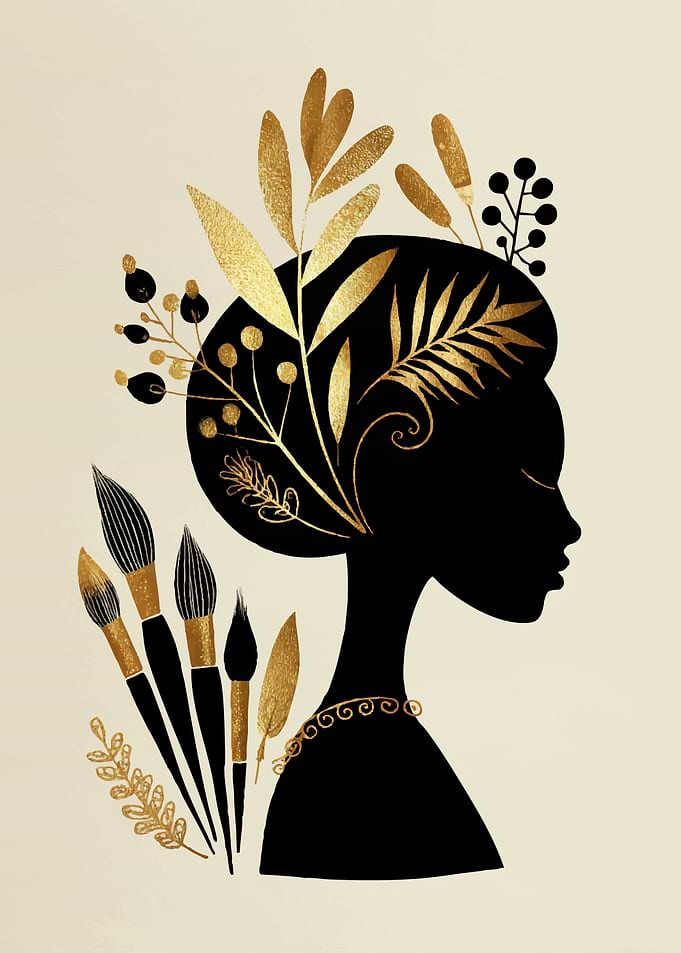 Silhouette of a Woman with Golden Botanicals