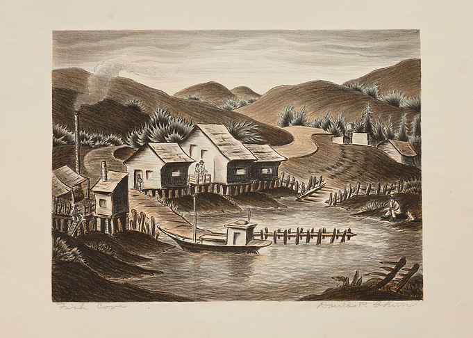 Fish Cove Landscape with Buildings and Boat
