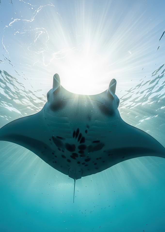 Manta Ray swimming towards the sun