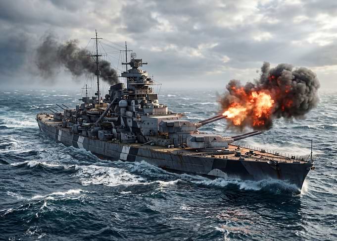 Battleship Firing Guns at Sea