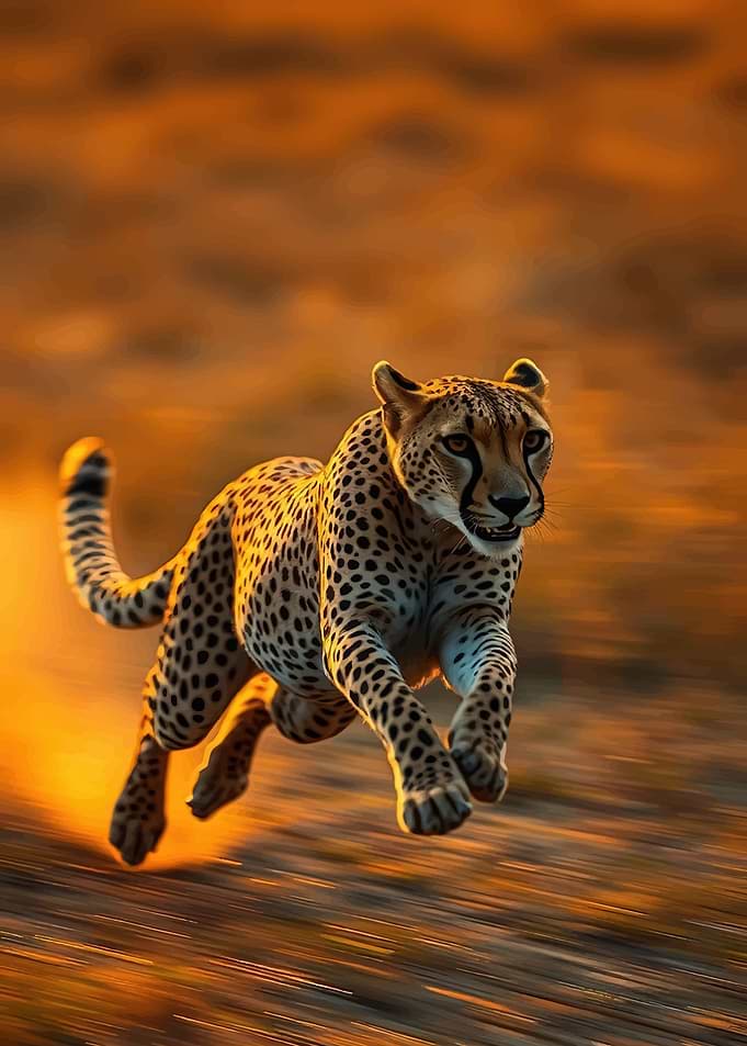 Cheetah running at sunset