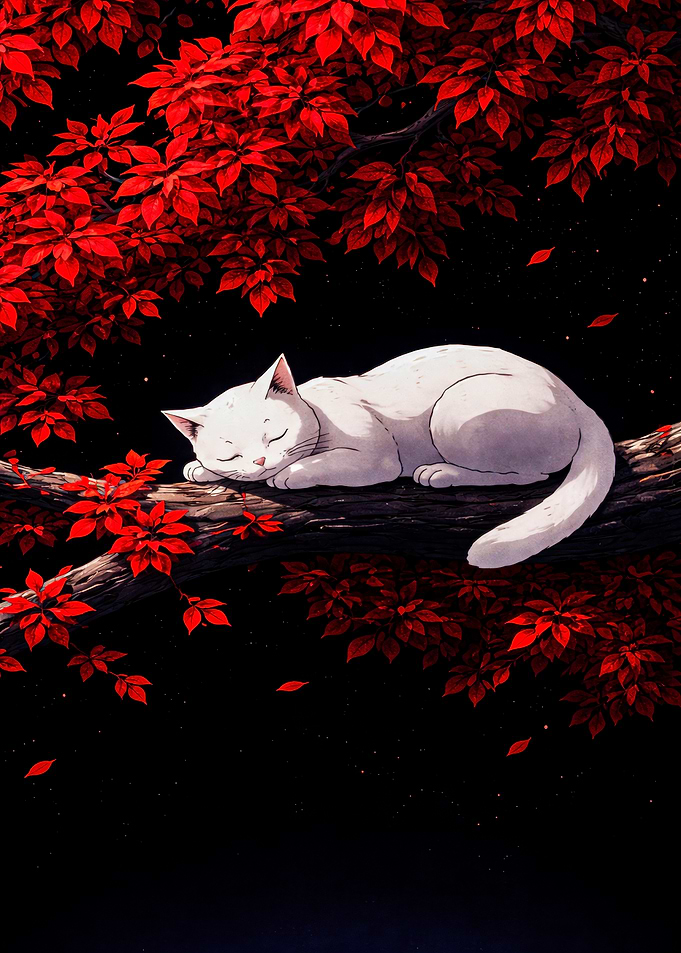 White Cat Sleeping on a Branch