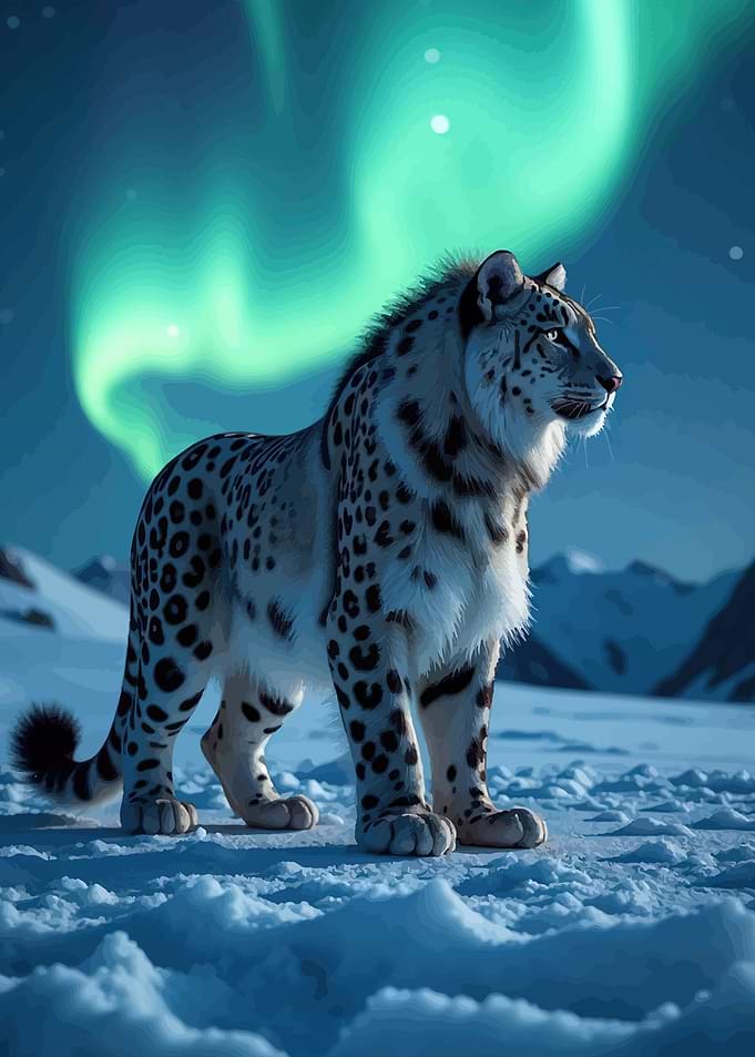 Snow Leopard Under Aurora Borealis
