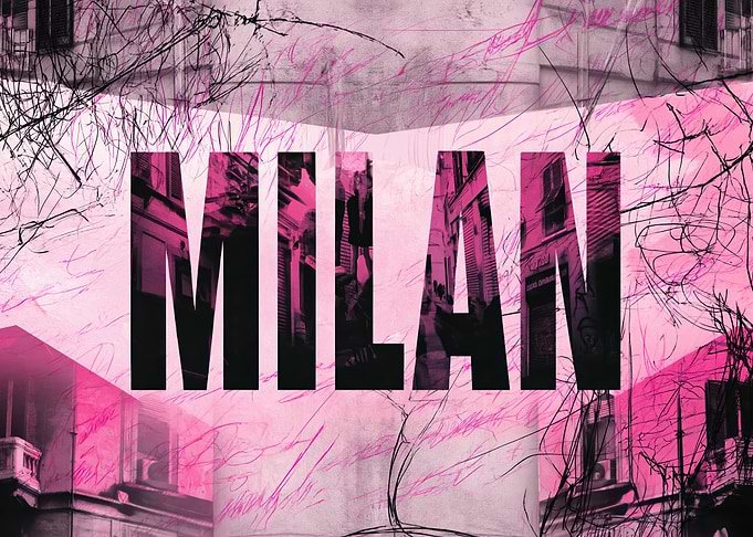 Milan Text Art with Cityscape Overlay