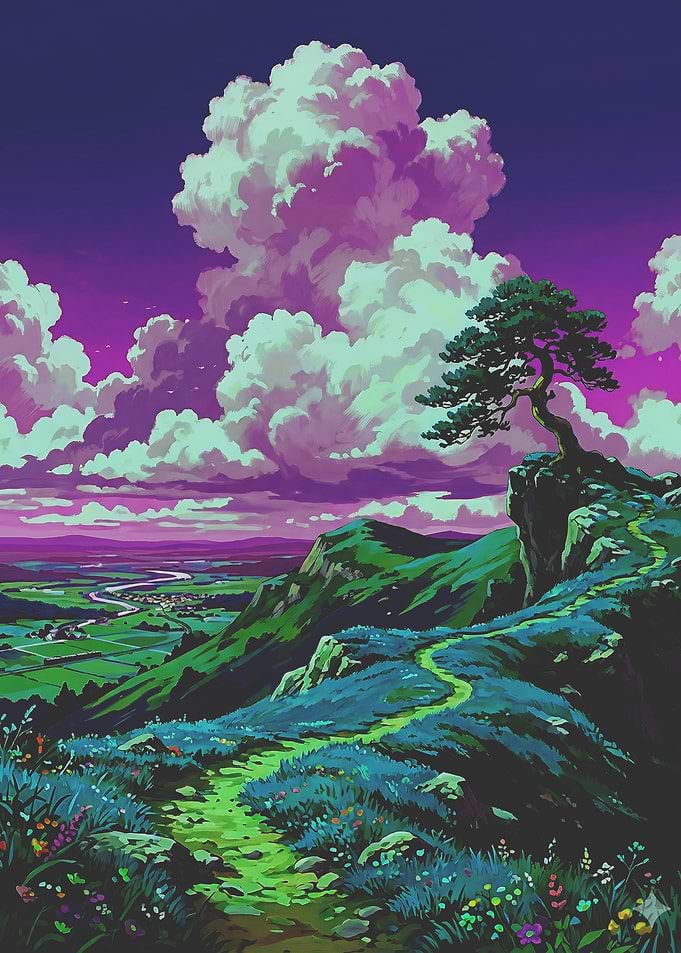 Anime Landscape with Tree and Clouds