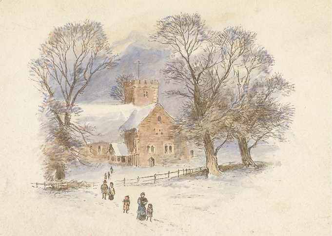 Winter scene with church and figures