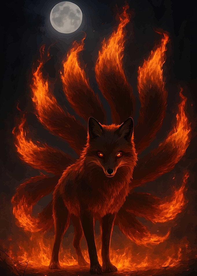 Nine-Tailed Fox with Fiery Tails