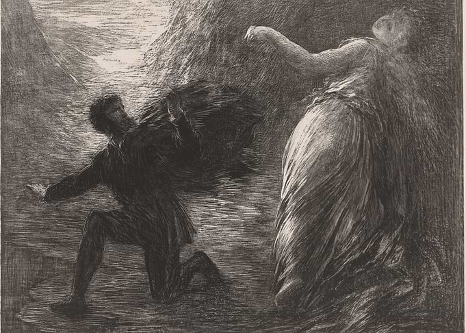 Man Carrying Burden Towards a Figure