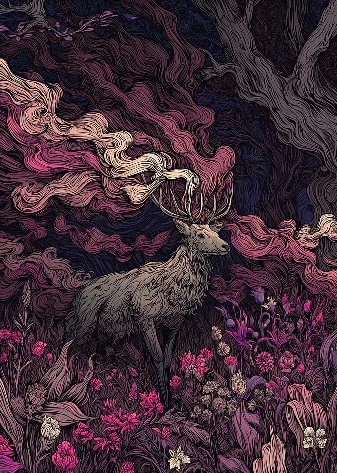 Mystical Deer in a Floral Forest