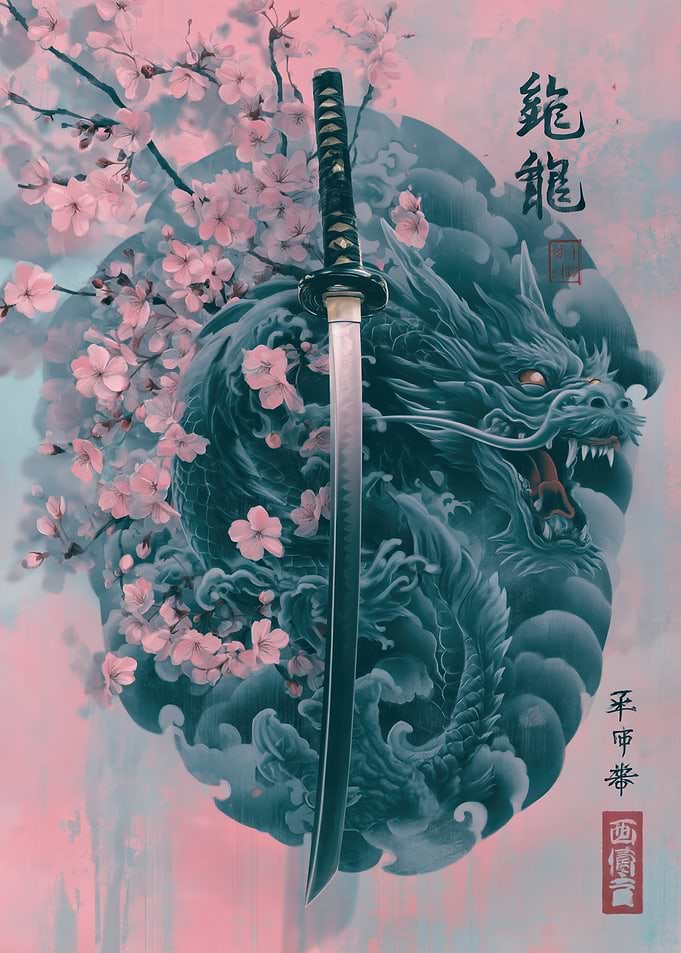 Samurai Sword with Dragon and Cherry Blossoms