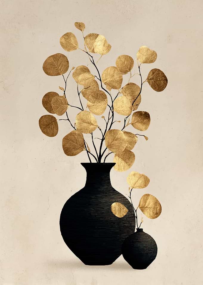 Gold Eucalyptus in Black Vases