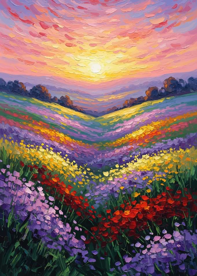 Impressionist Field of Flowers at Sunset