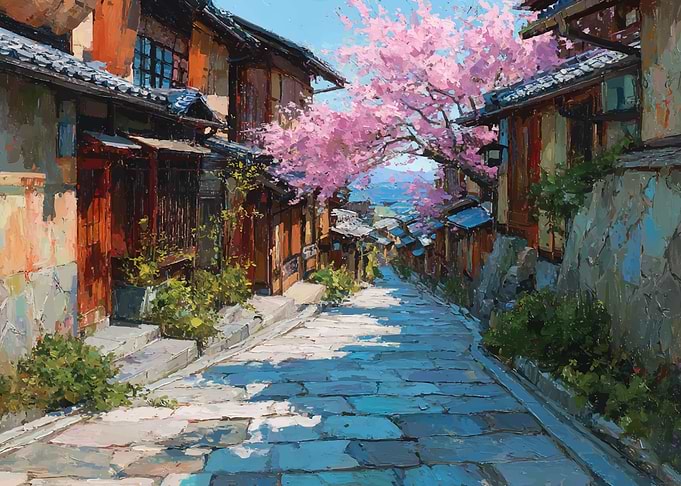 Japanese Street with Cherry Blossoms