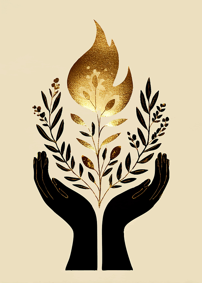 Hands holding golden flame and plants