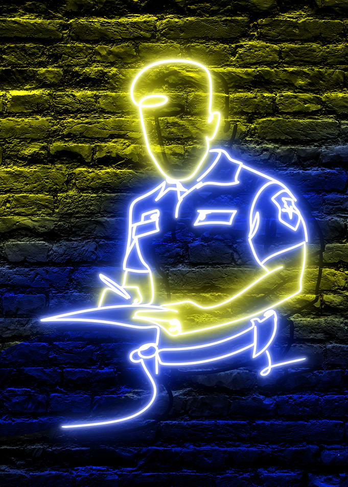 Neon Police Man Police Officer Writing in Blue Uniform Metal Displate Wall Art