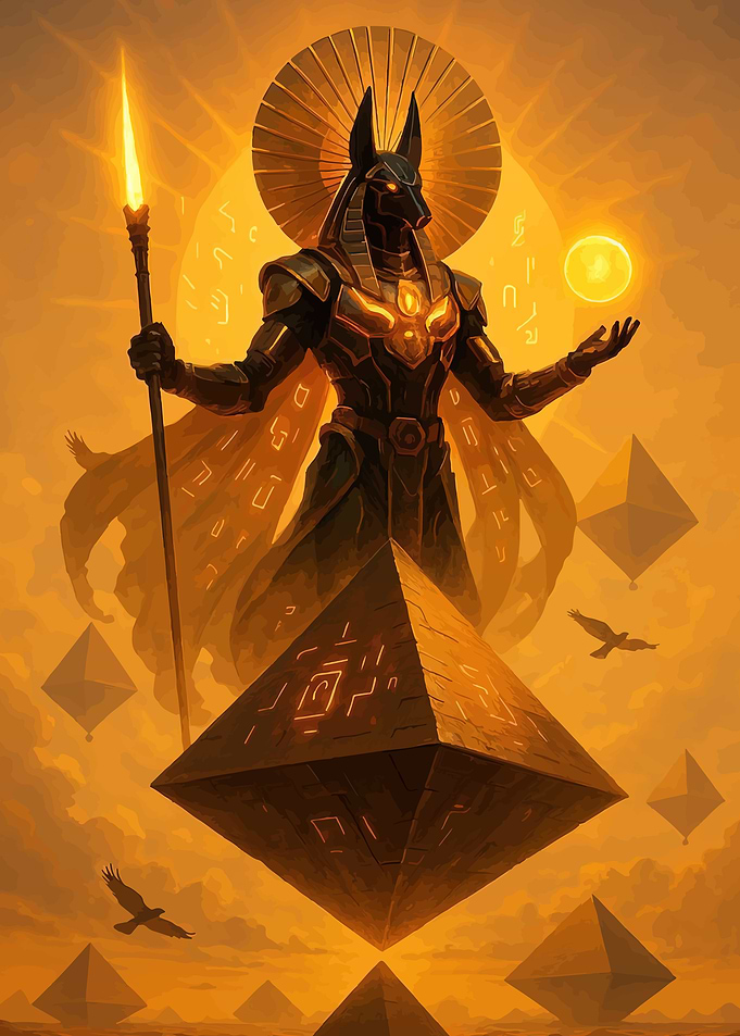 Anubis with Pyramids and Sun