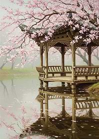 Gazebo by Cherry Blossoms and Lake