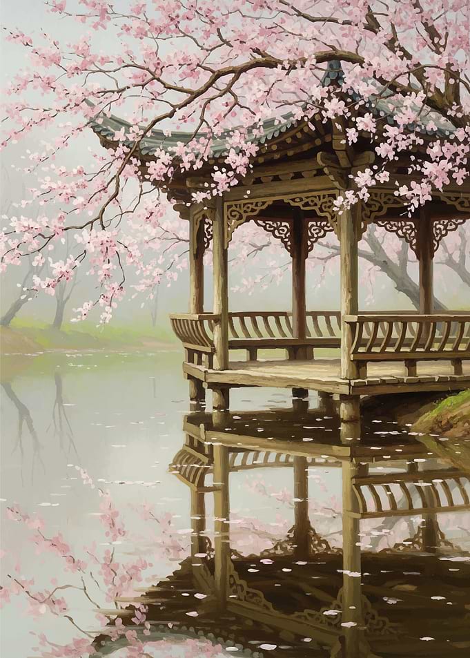 Gazebo by Cherry Blossoms and Lake