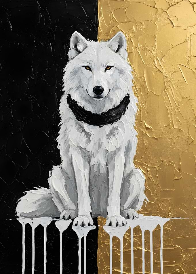 White Wolf on Black and Gold Background