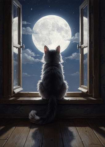 Cat Gazing at the Full Moon