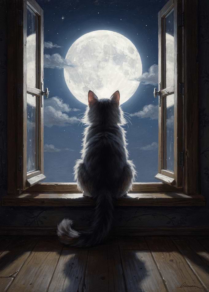 Cat Gazing at the Full Moon