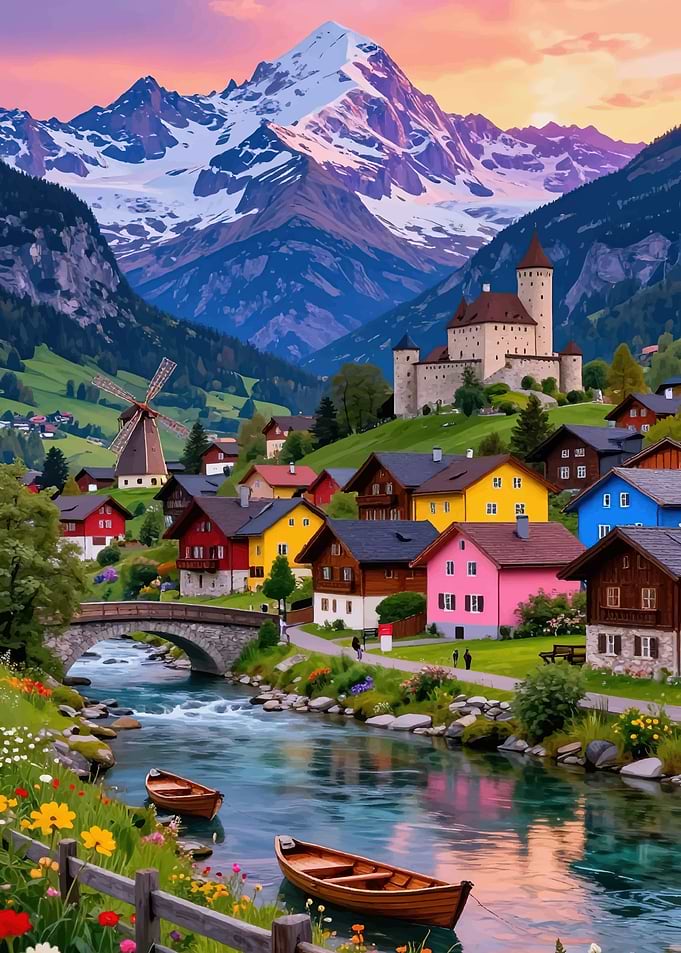 Alpine Village with Castle and River