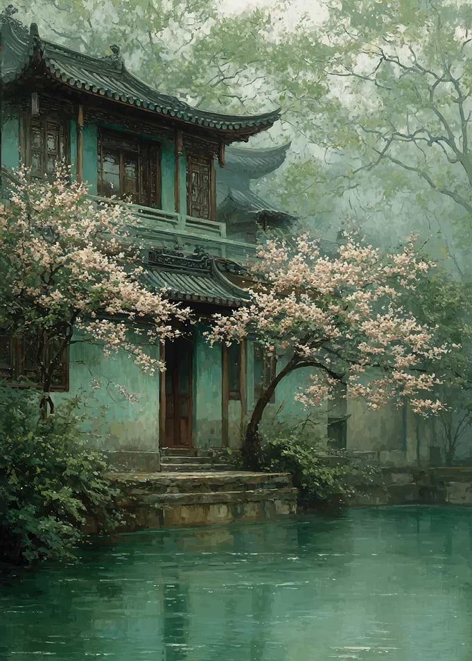 Tranquil Asian Garden with Cherry Blossoms