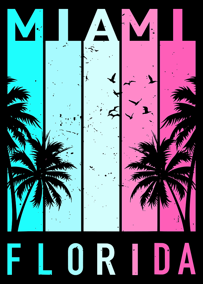 Miami Florida Poster, Retro 80s Sunset Art, Vintage Beach Palm Tree Wall Print