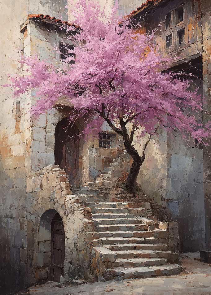 Blooming Tree on Stone Steps