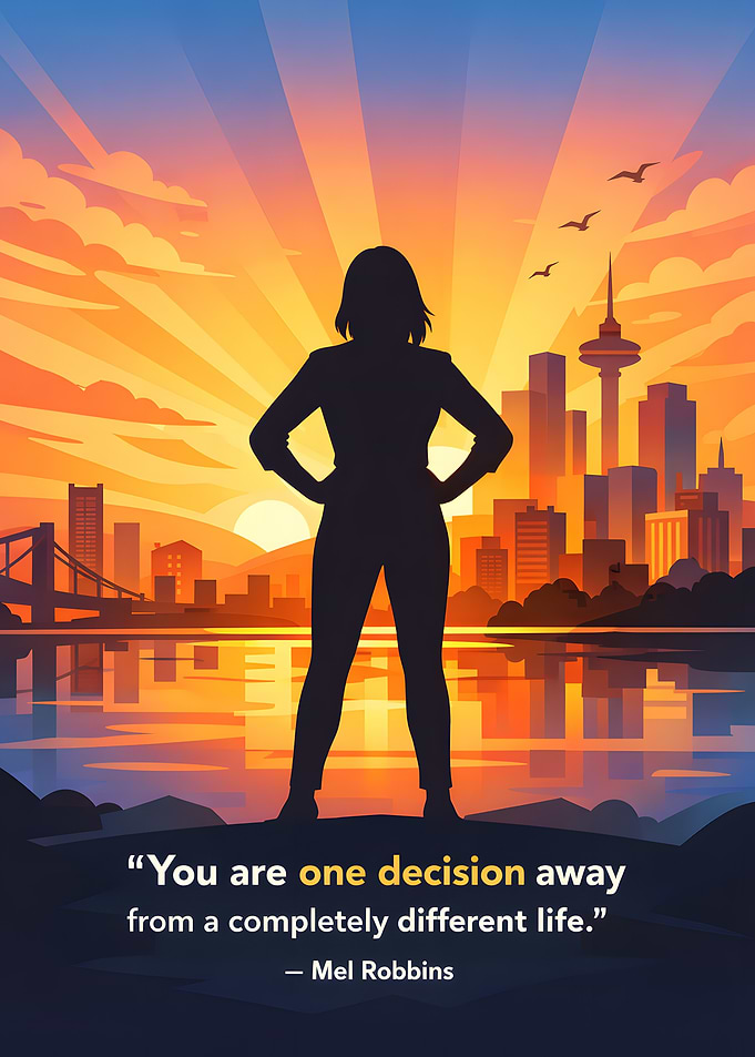 Silhouette of a woman against a city skyline at sunset