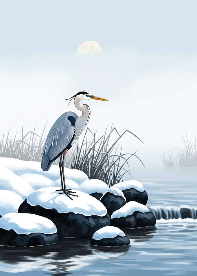 Heron in Snowy Landscape