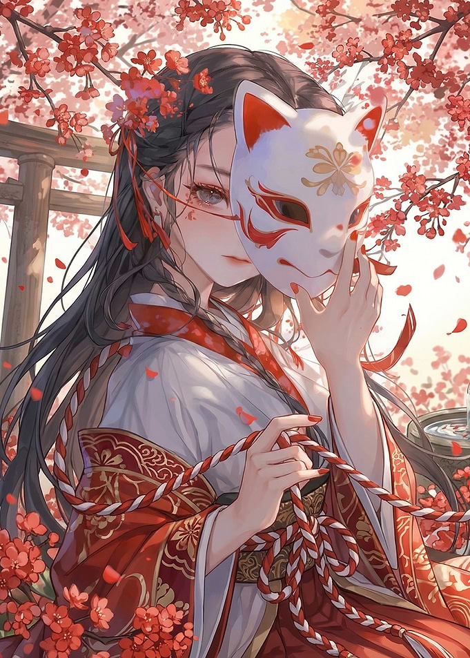 Woman in Kimono with Fox Mask