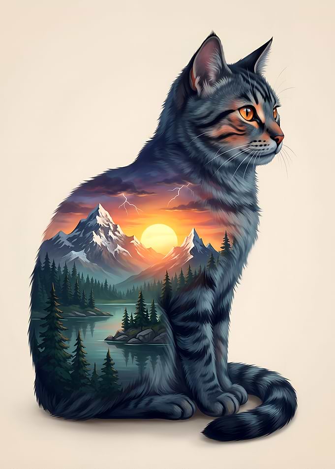 Cat with Mountain Landscape and Sunset Nature