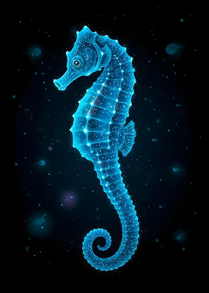 Glowing Blue Seahorse with Stars