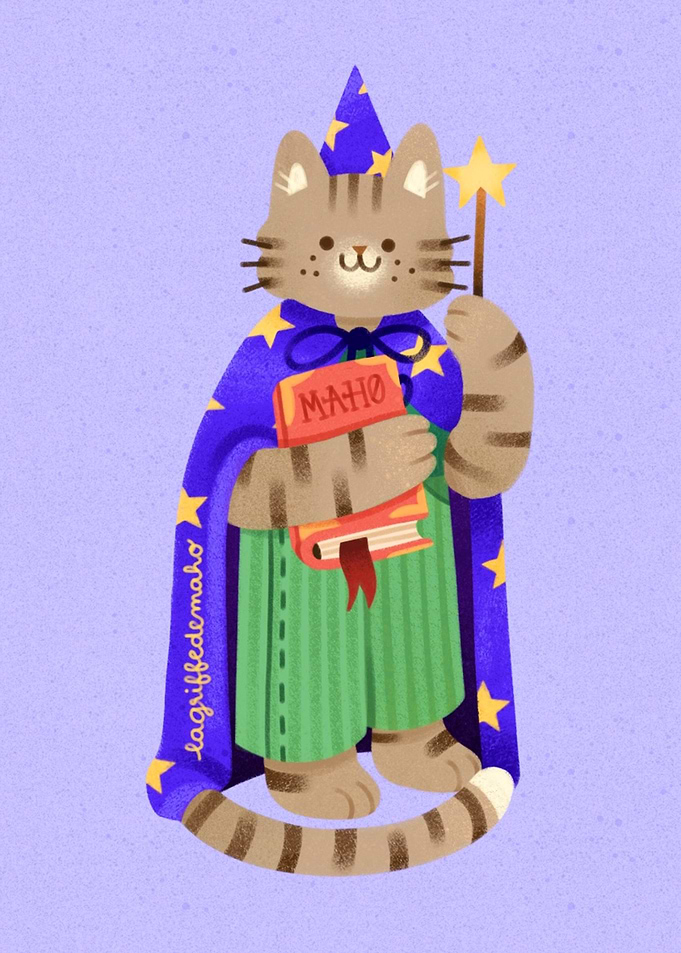 Wizard Cat with Magic Wand and Book